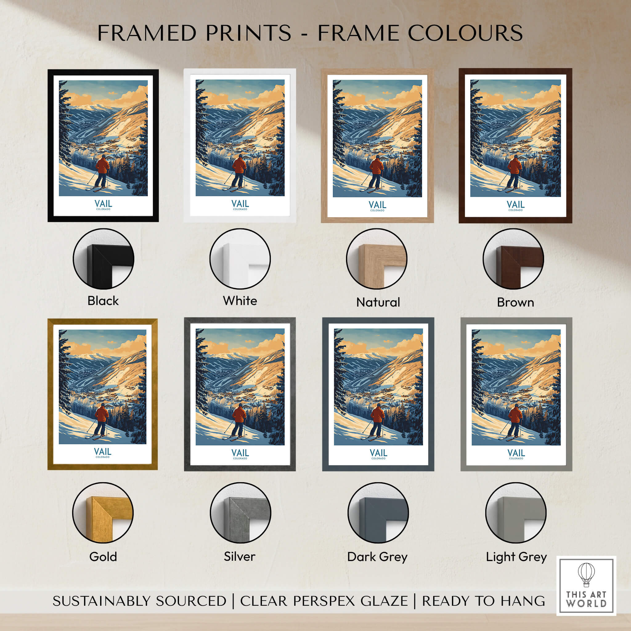 Vail Poster Colorado Ski Print options showcasing various frame colors for the ski art print.