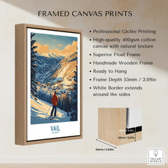 Framed Vail Poster Colorado Ski Print showcasing a skier with mountains, designed for ski lovers and home decor.
