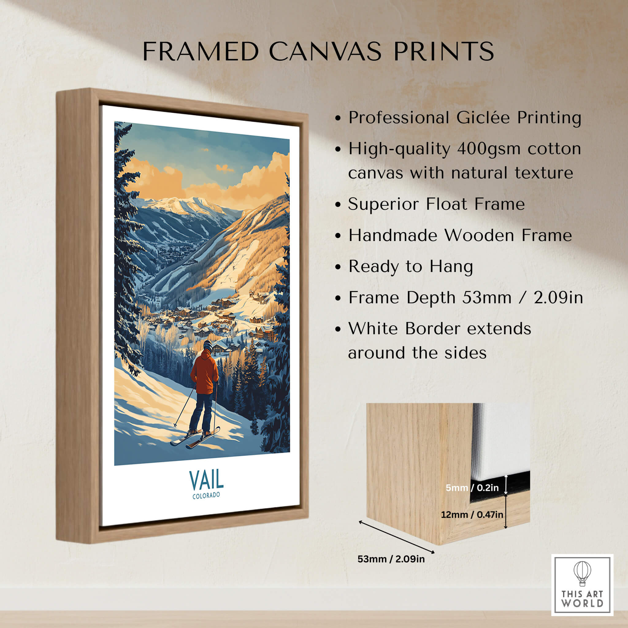 Framed Vail Poster Colorado Ski Print showcasing a skier with mountains, designed for ski lovers and home decor.