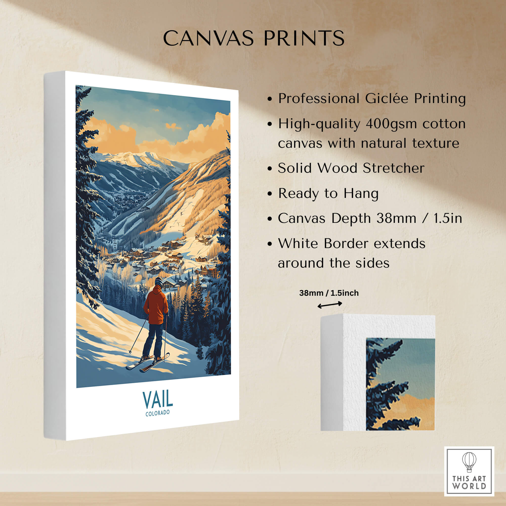 Vail Poster Colorado Ski Print showcasing stunning mountain scenery, perfect for ski enthusiasts and home decor.