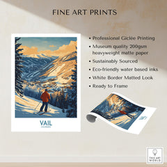 Vail Poster Colorado Ski Print showcasing a skier against a majestic mountain backdrop, perfect for ski lovers.