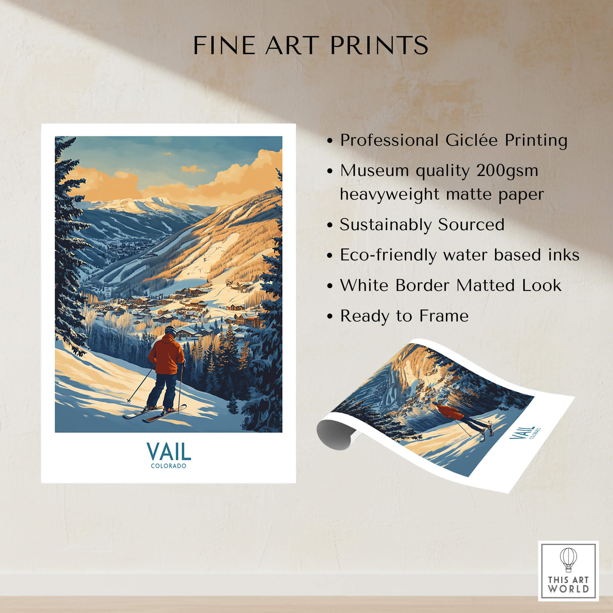 Vail Poster Colorado Ski Print showcasing a skier against a majestic mountain backdrop, perfect for ski lovers.