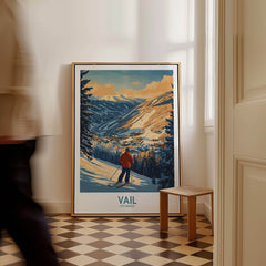 Vail Poster Colorado Ski Print showcased in a cozy room, inspiring ski adventures with its vibrant mountain landscape.