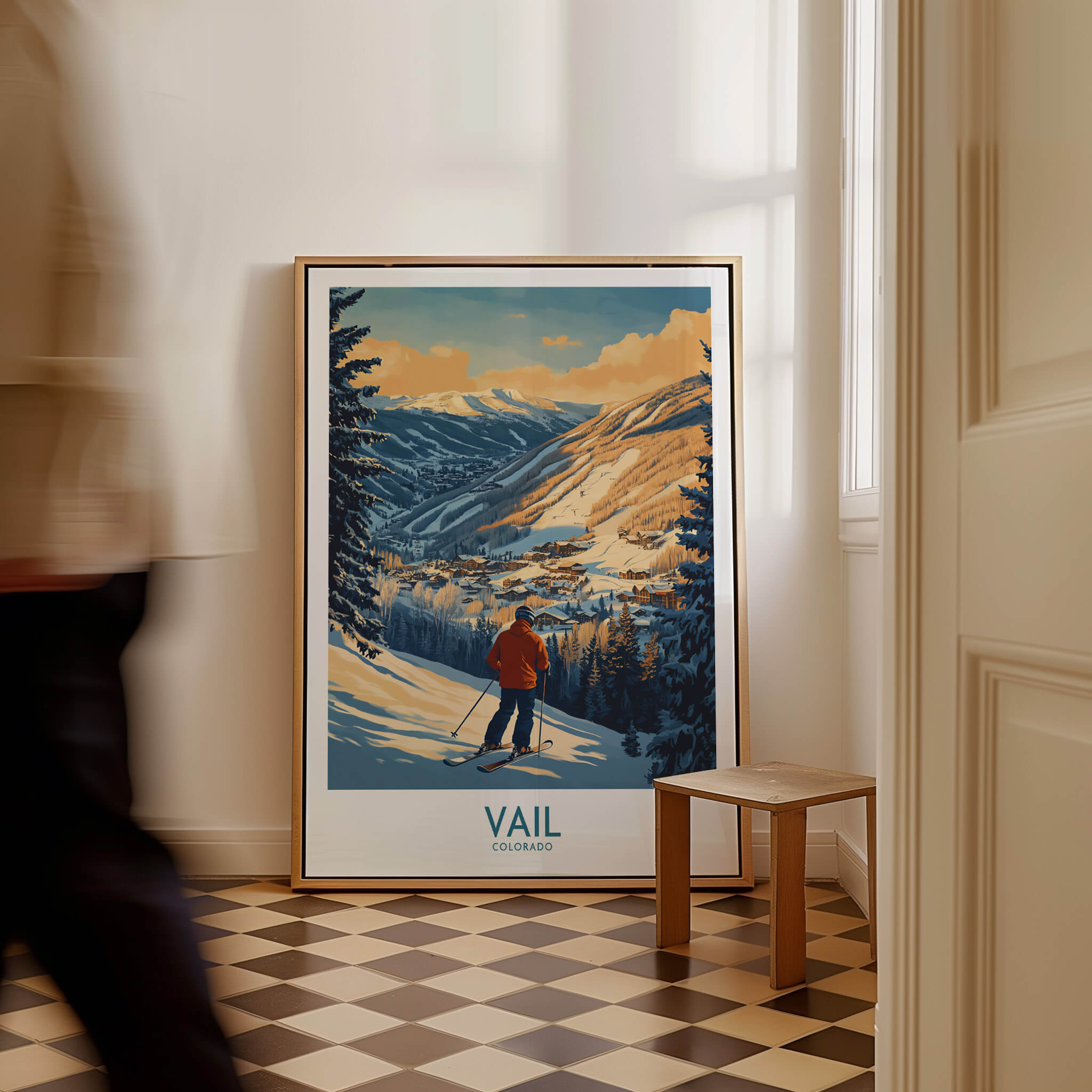 Vail Poster Colorado Ski Print showcased in a cozy room, inspiring ski adventures with its vibrant mountain landscape.