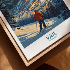 Vail Poster Colorado Ski Print featuring a skier in a scenic winter landscape of Vail, Colorado.