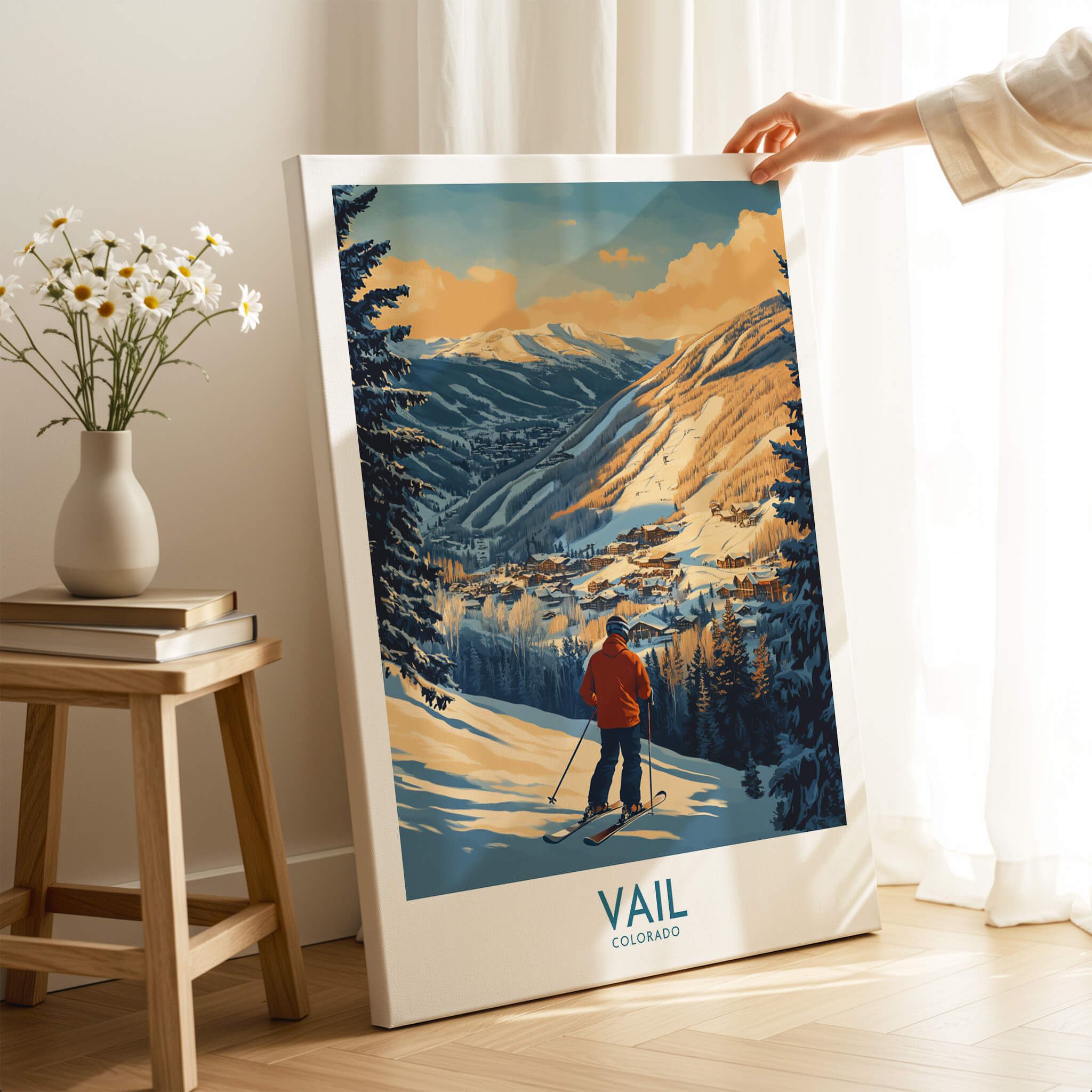 Vail Poster Colorado Ski Print showcasing a skier in a picturesque snow-covered landscape.