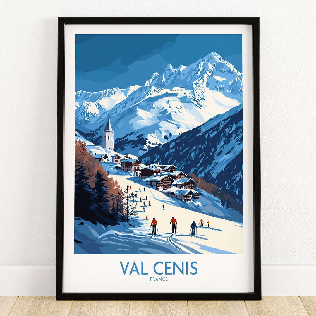 French Alps Wall Art | The Ski Chalet and Slopes of Val Cenis - Skiers descending with scenic mountain backdrop.