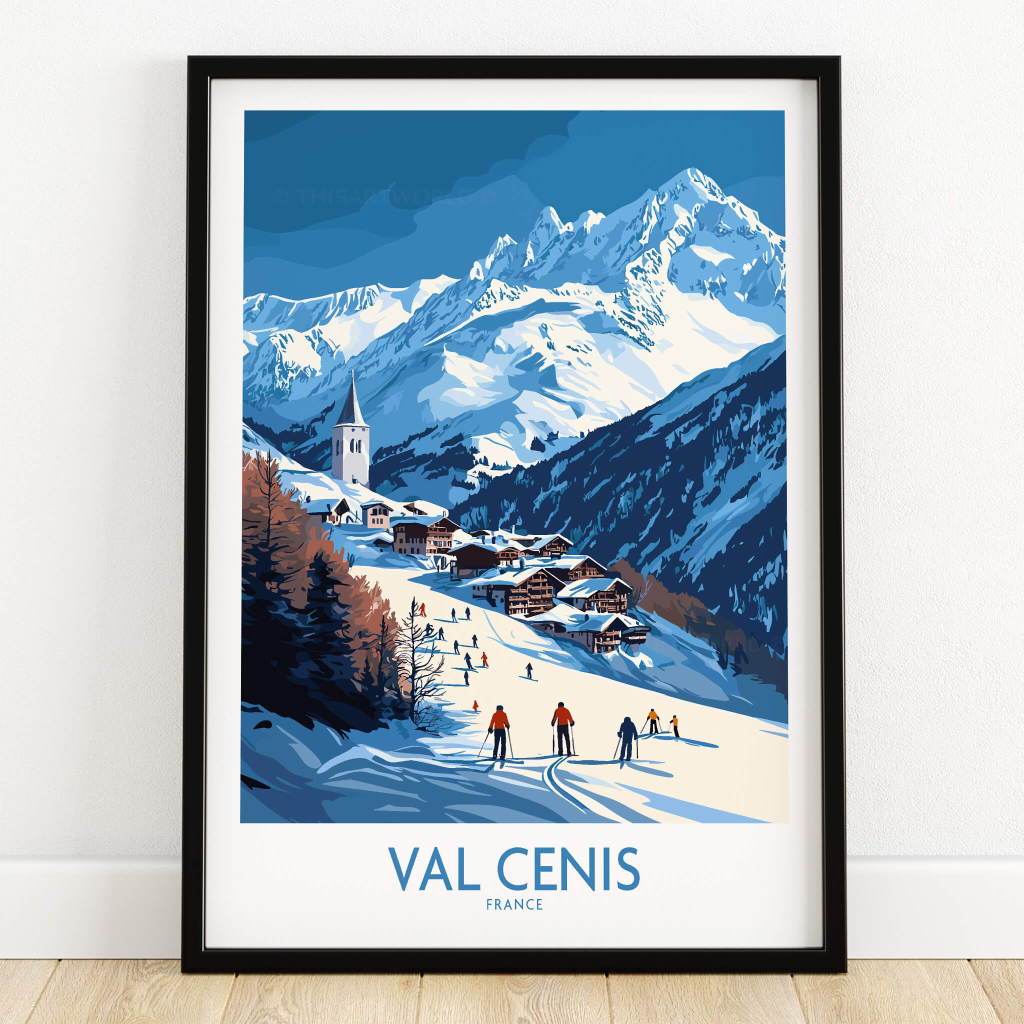 French Alps Wall Art | The Ski Chalet and Slopes of Val Cenis - Skiers descending with scenic mountain backdrop.