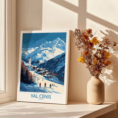 French Alps Wall Art | The Ski Chalet and Slopes of Val Cenis with skiers and mountains in backdrop.