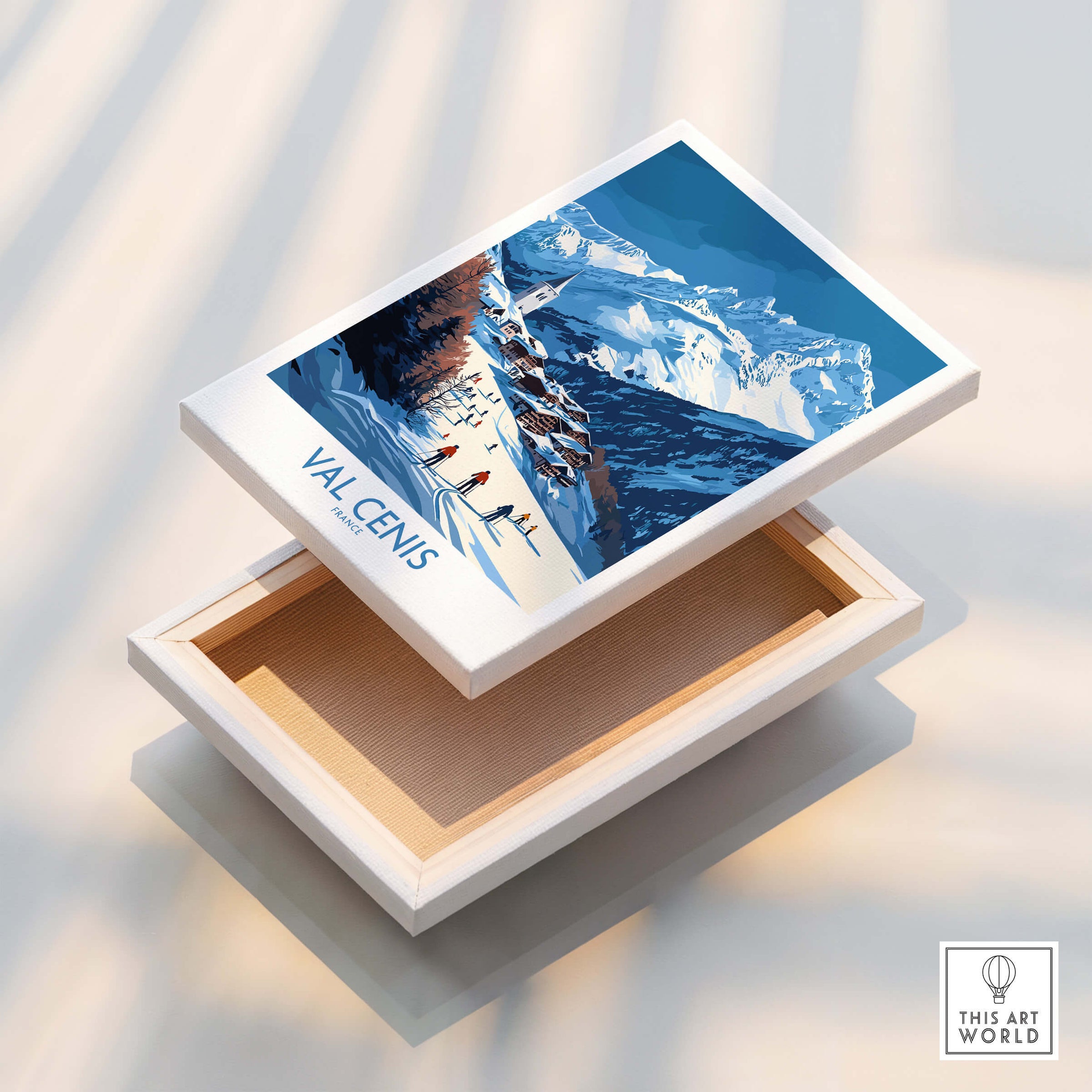 French Alps Wall Art | The Ski Chalet and Slopes of Val Cenis illustrated canvas box showcasing winter scenery.