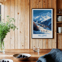 French Alps Wall Art | The Ski Chalet and Slopes of Val Cenis poster with skiers in scenic mountain backdrop.