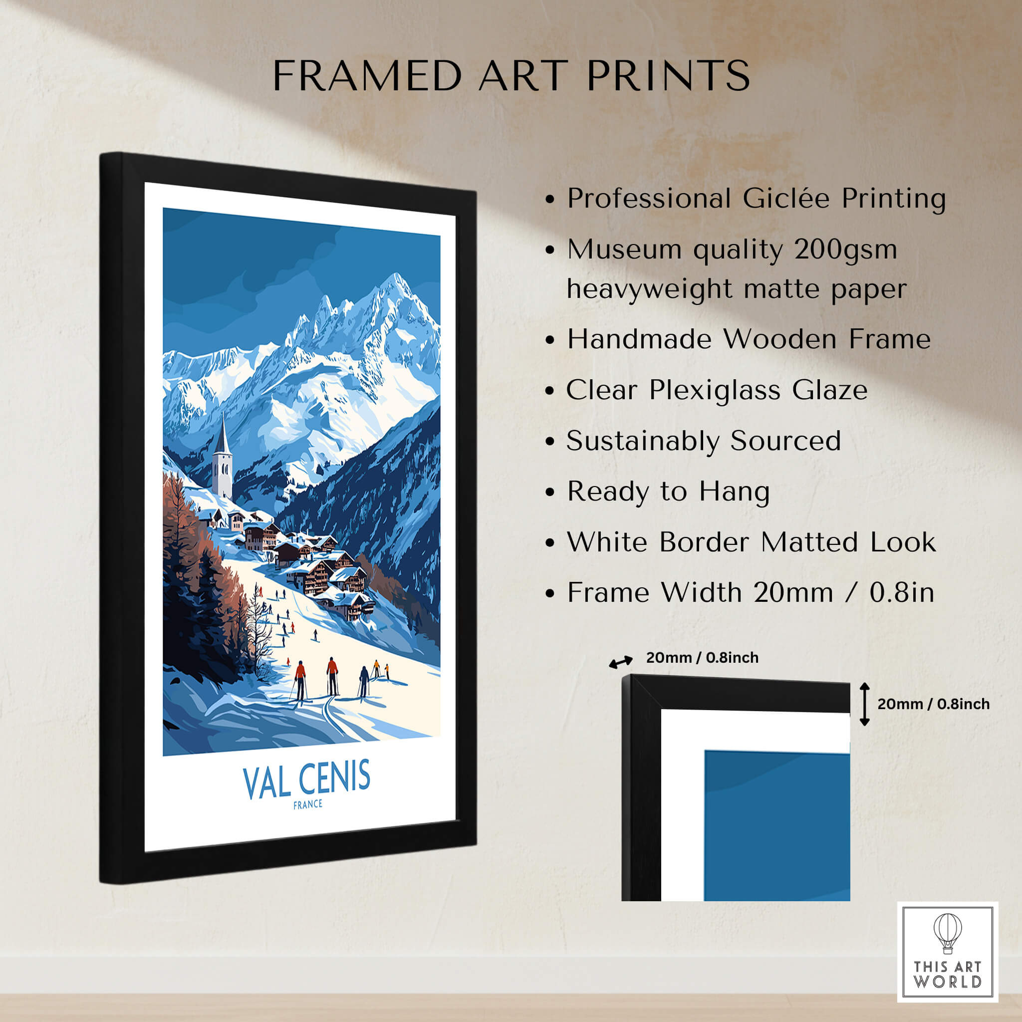 French Alps Wall Art | The Ski Chalet and Slopes of Val Cenis framed print showcasing skiers in a winter landscape.