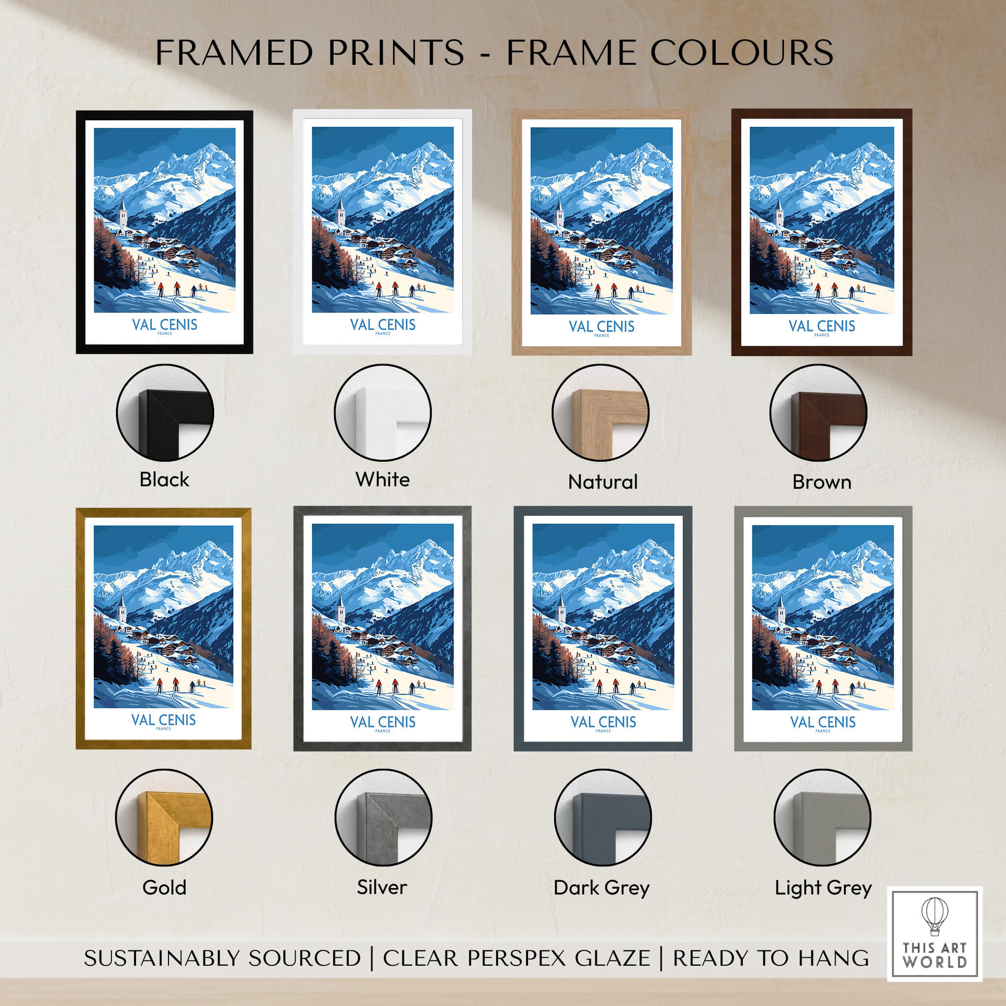 French Alps Wall Art | The Ski Chalet and Slopes of Val Cenis framed print color options in various finishes.