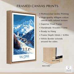 French Alps Wall Art | The Ski Chalet and Slopes of Val Cenis framed canvas print showcasing skiers and mountains.