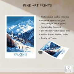 French Alps Wall Art | The Ski Chalet and Slopes of Val Cenis poster featuring skiers and a mountainous landscape.
