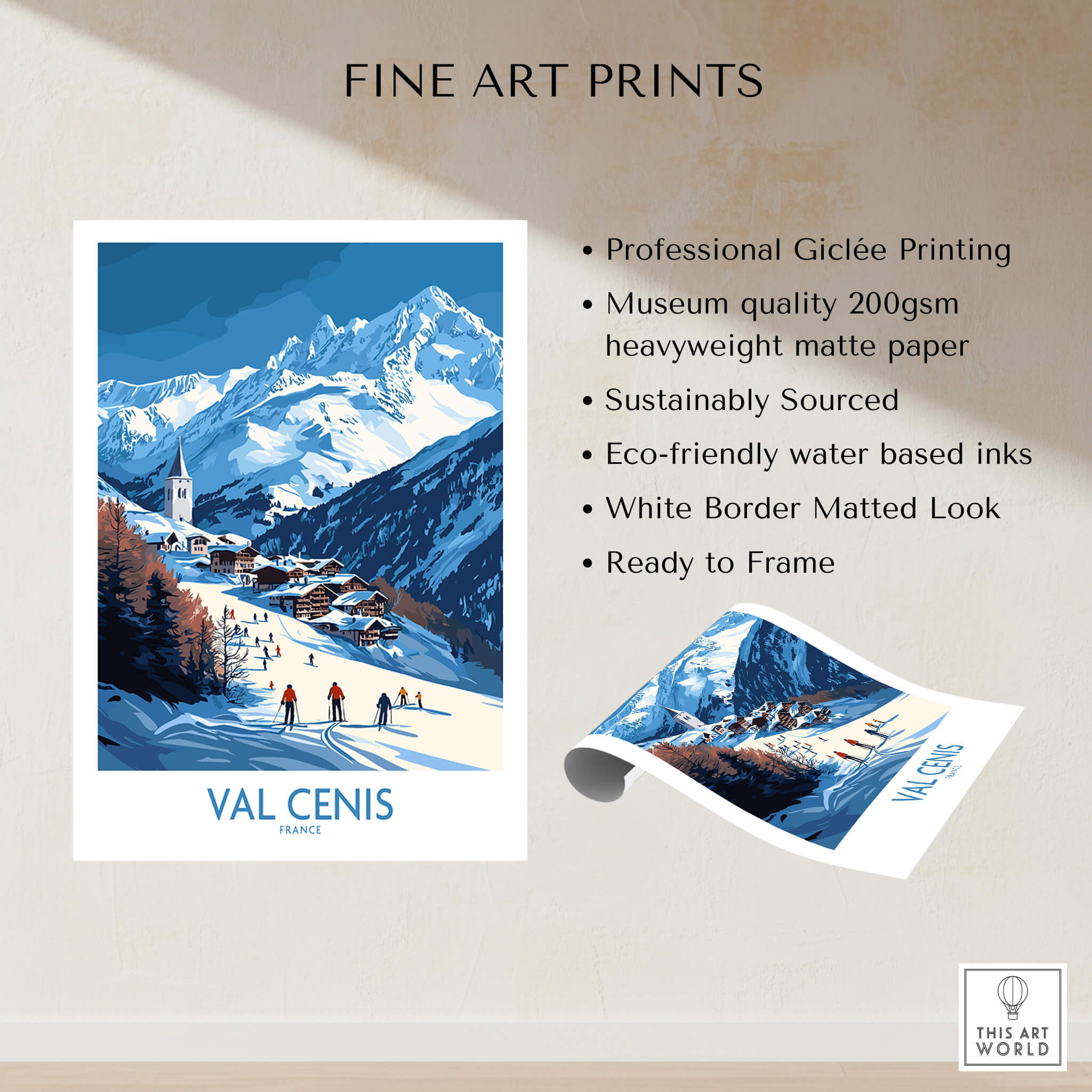 French Alps Wall Art | The Ski Chalet and Slopes of Val Cenis poster featuring skiers and a mountainous landscape.