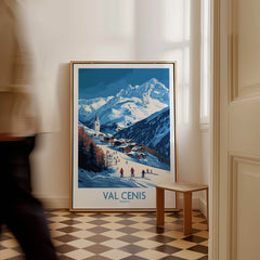 French Alps Wall Art | The Ski Chalet and Slopes of Val Cenis showing skiers and a chalet in a winter landscape.