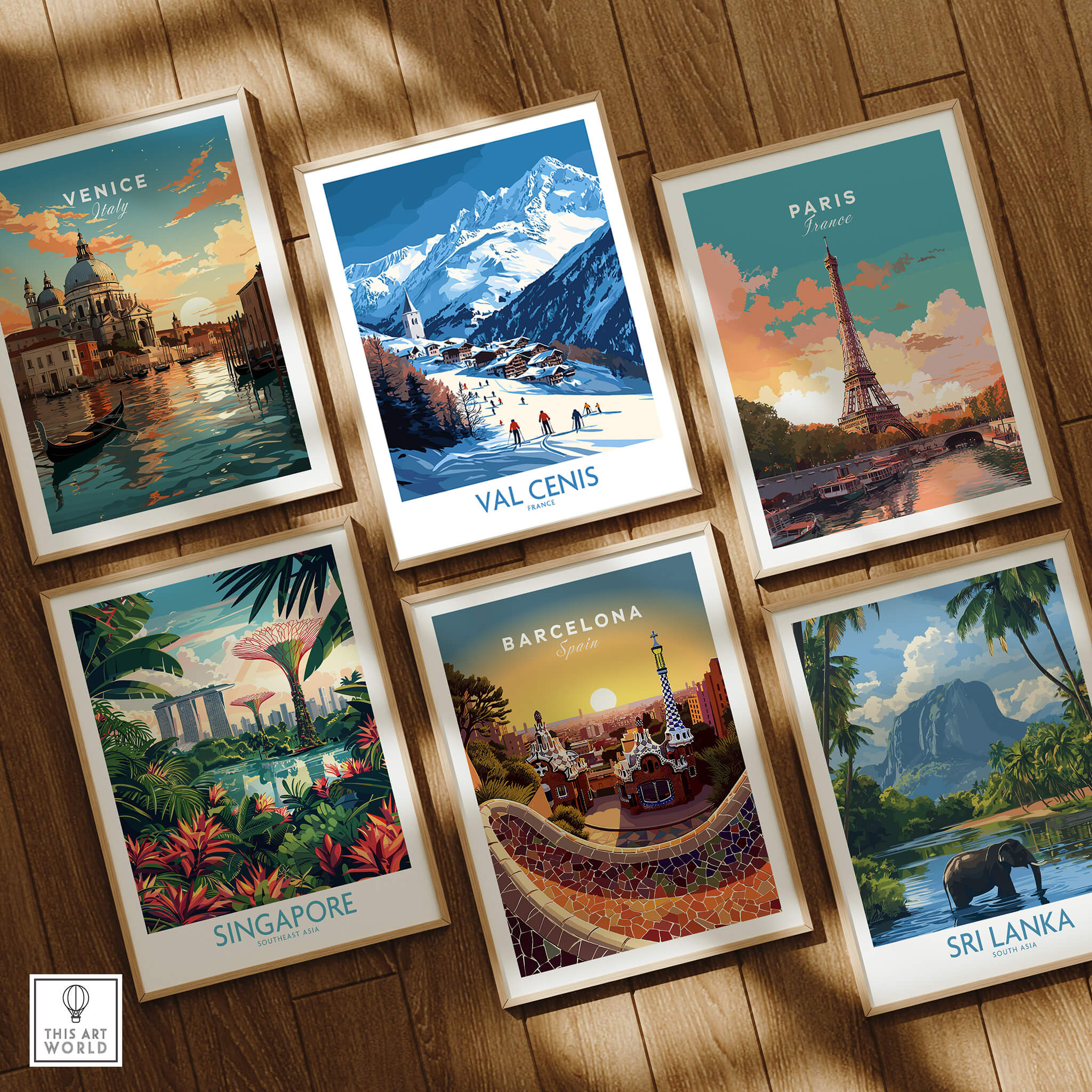 French Alps Wall Art | The Ski Chalet and Slopes of Val Cenis, vibrant ski wall art prints in a framed collage.