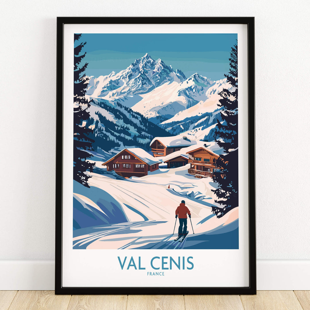 Stunning Val Cenis Ski Art for Winter Enthusiasts featuring a skier in a snow-covered mountain landscape.