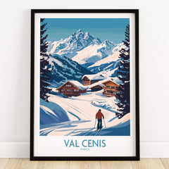 Stunning Val Cenis Ski Art for Winter Enthusiasts featuring a skier in a snow-covered mountain landscape.