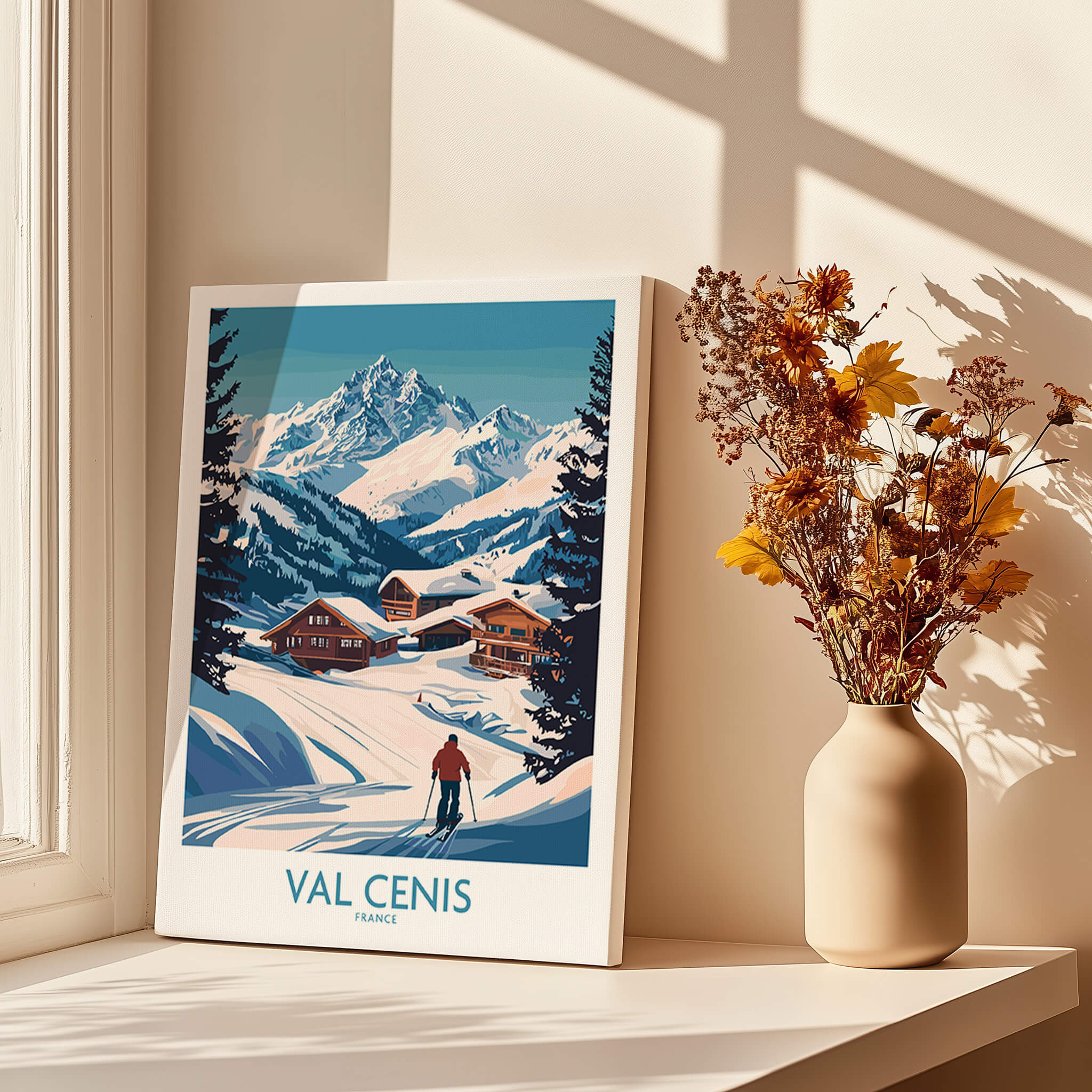 Stunning Val Cenis Ski Art for Winter Enthusiasts displayed in a sunlit room with a vase of flowers.