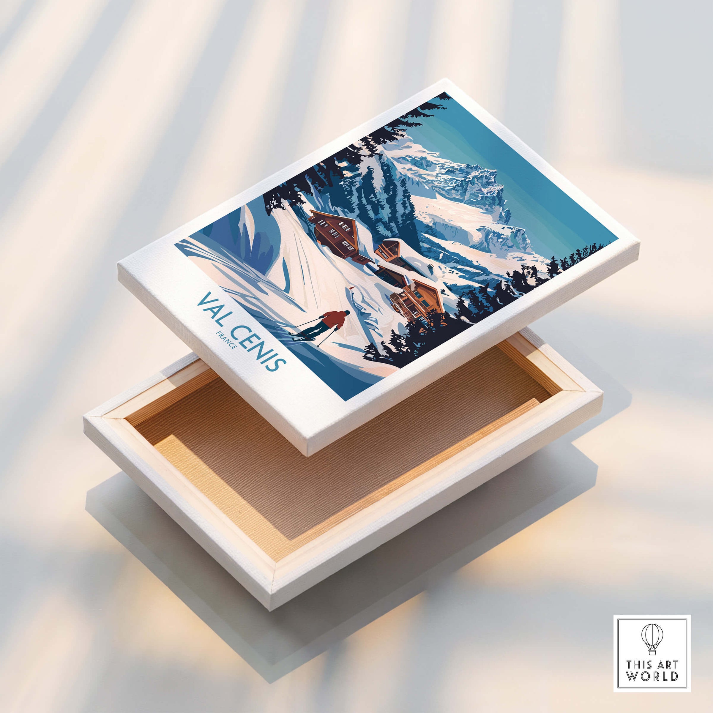 Stunning Val Cenis Ski Art for Winter Enthusiasts displayed on a wooden box showcasing winter scenery.