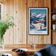 Stunning Val Cenis Ski Art for Winter Enthusiasts displayed in a cozy indoor setting with wooden decor.