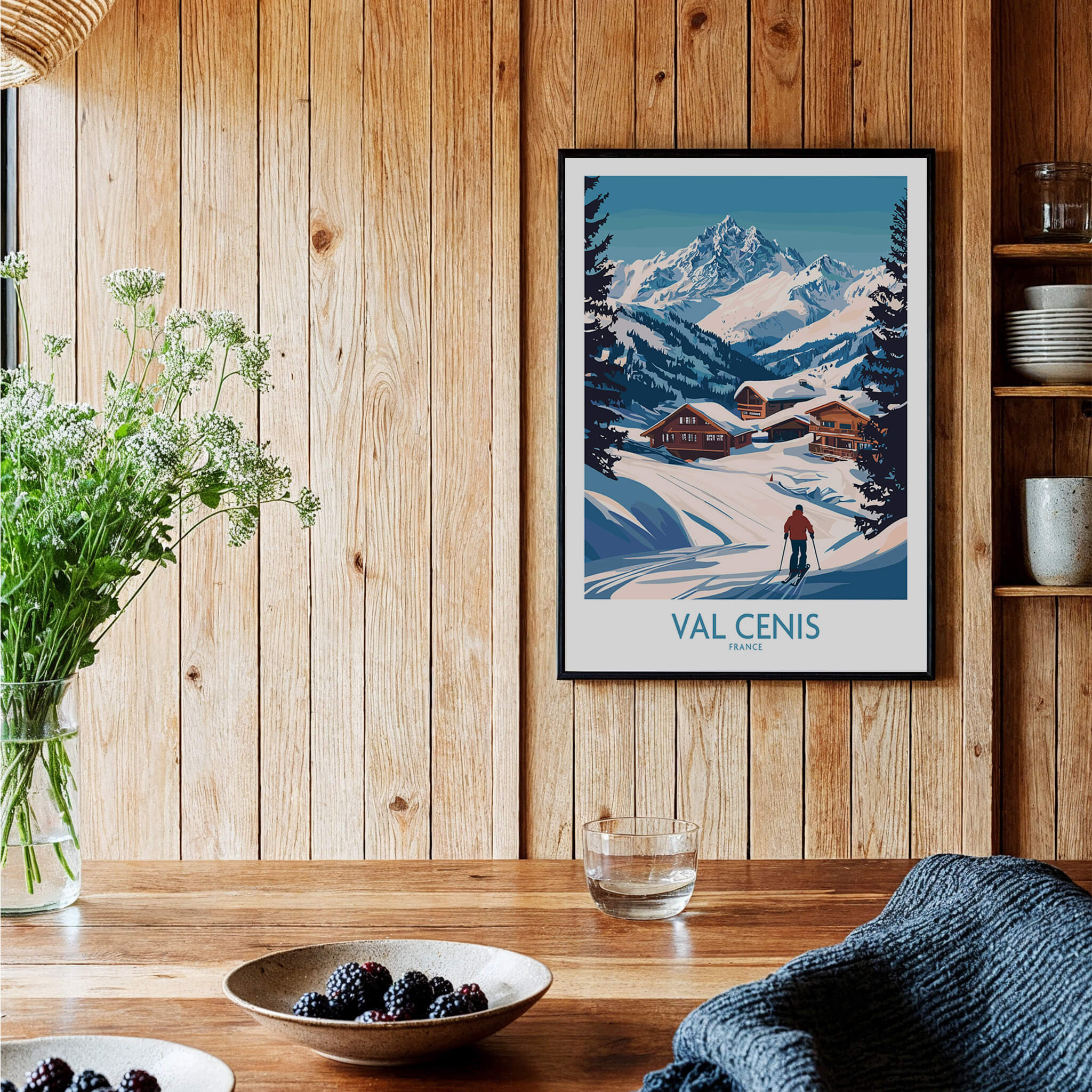 Stunning Val Cenis Ski Art for Winter Enthusiasts displayed in a cozy indoor setting with wooden decor.
