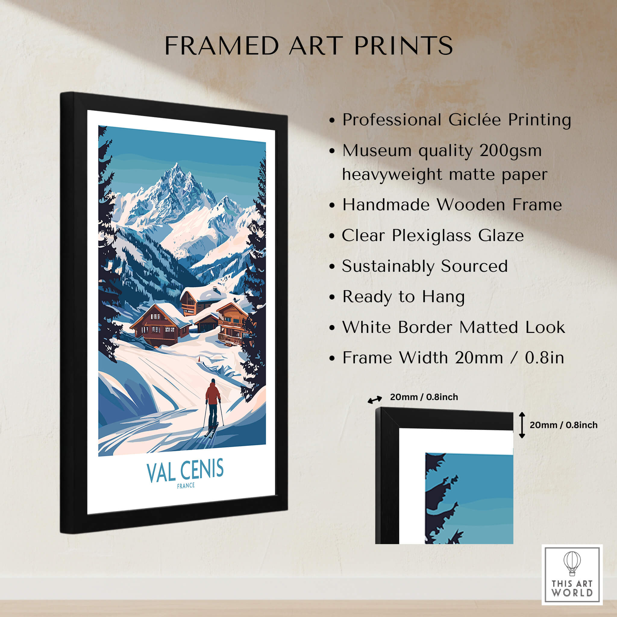 Stunning Val Cenis Ski Art for Winter Enthusiasts - Framed print showcasing vibrant winter scenery.