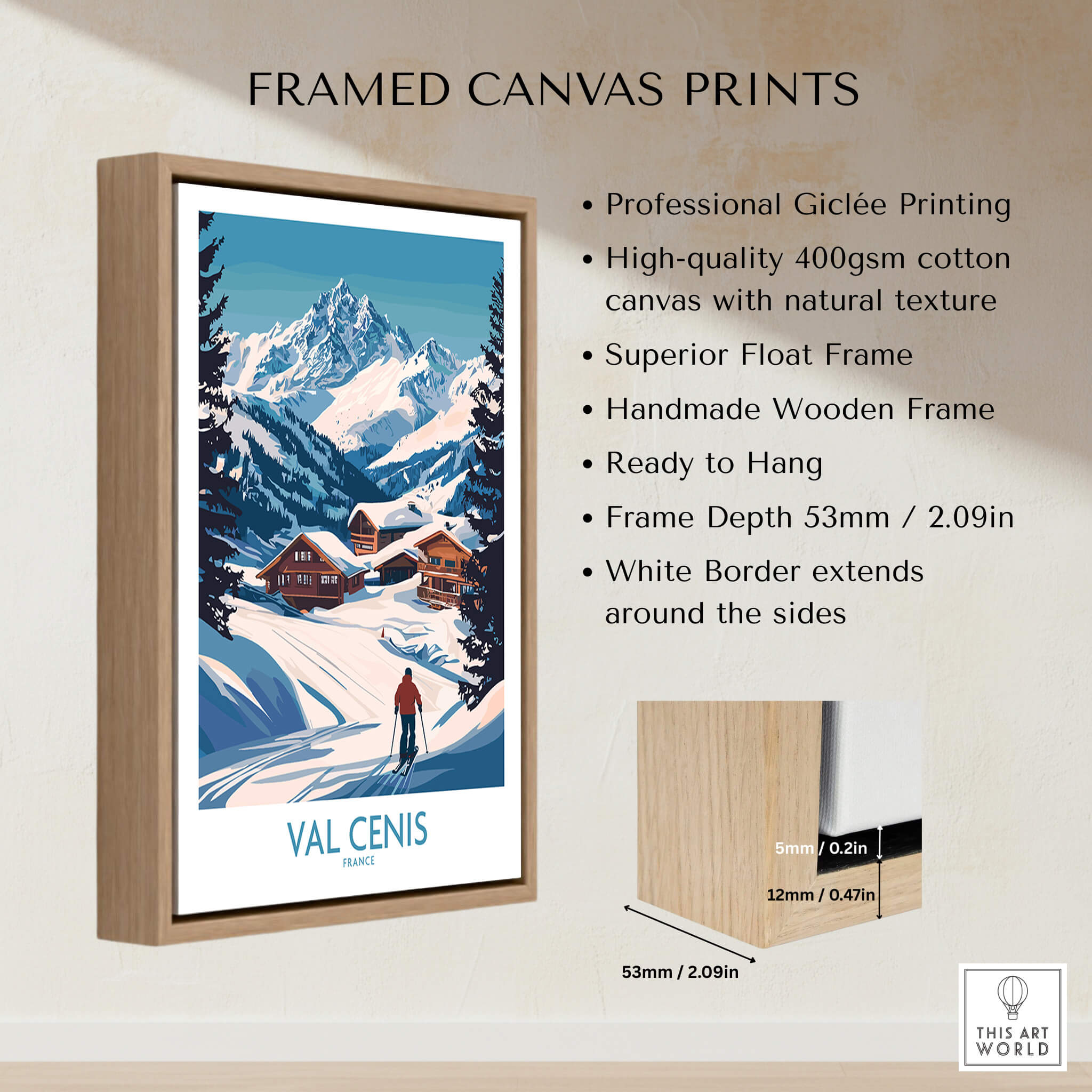 Stunning Val Cenis Ski Art for Winter Enthusiasts framed canvas print showcasing vibrant winter landscape.