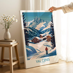 Stunning Val Cenis Ski Art for Winter Enthusiasts displayed in a cozy room with winter mountain scenery.