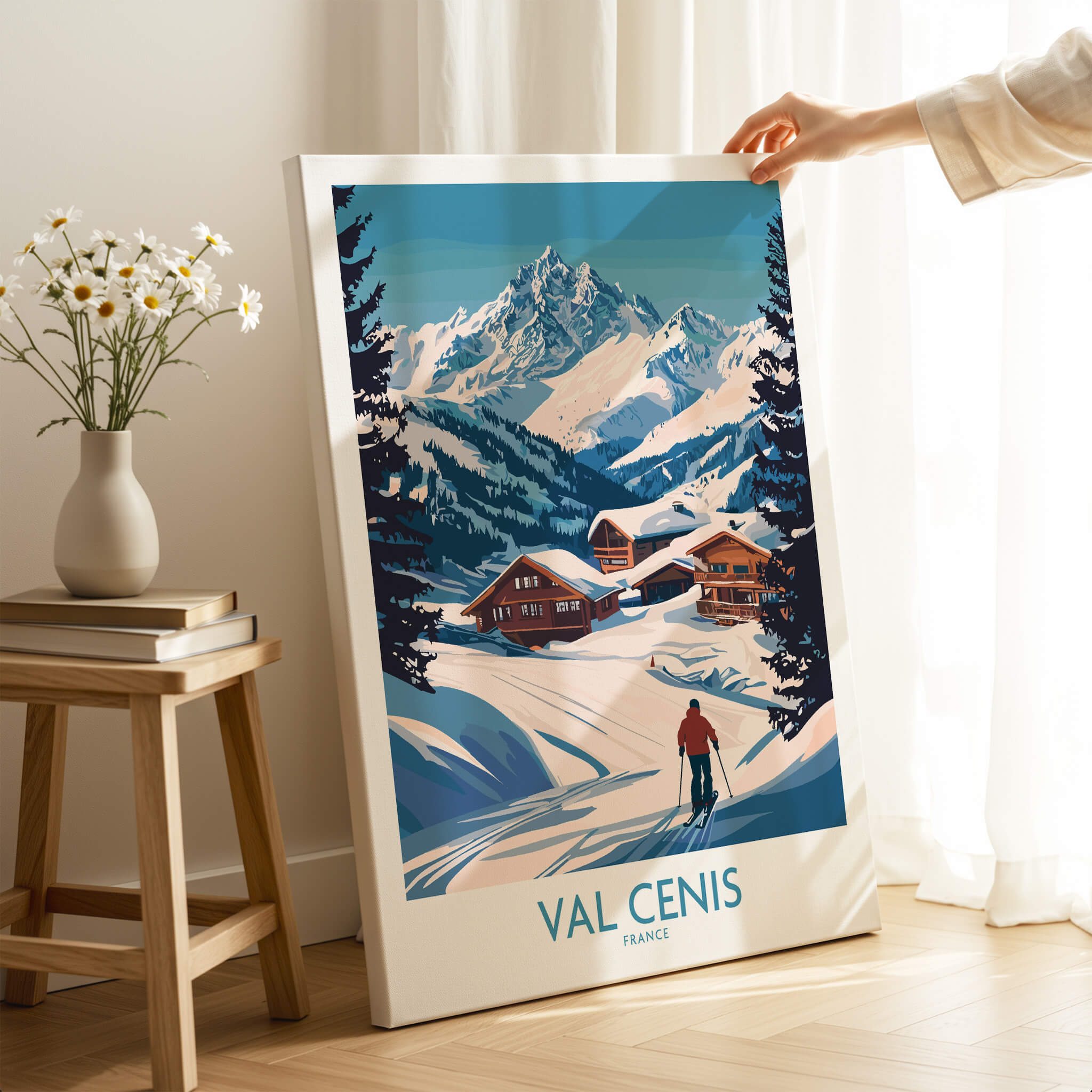 Stunning Val Cenis Ski Art for Winter Enthusiasts displayed in a cozy room with winter mountain scenery.