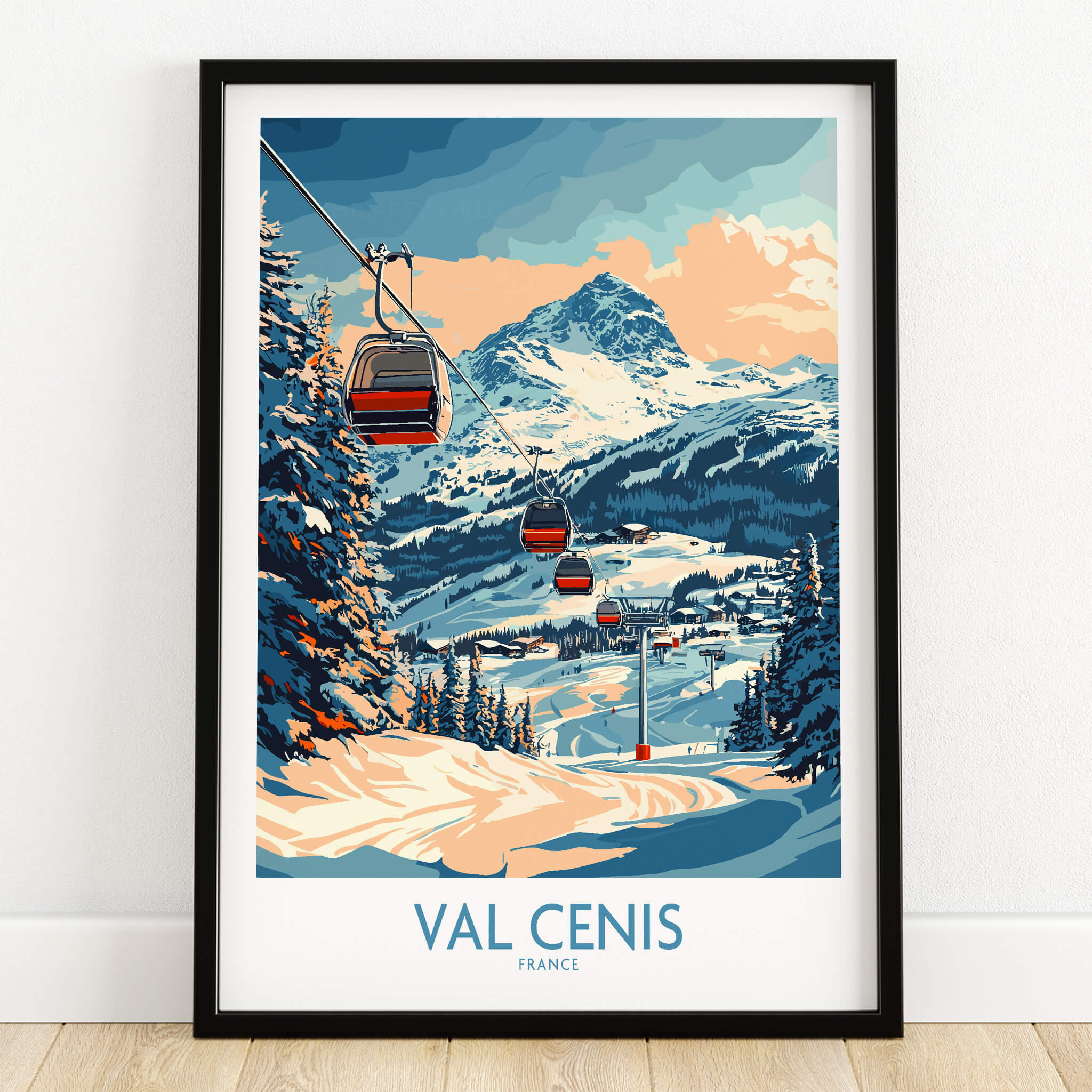 Chic Val Cenis Ski Artwork for Your Home - Ski Poster featuring a scenic view of ski lifts in Val Cenis, France.