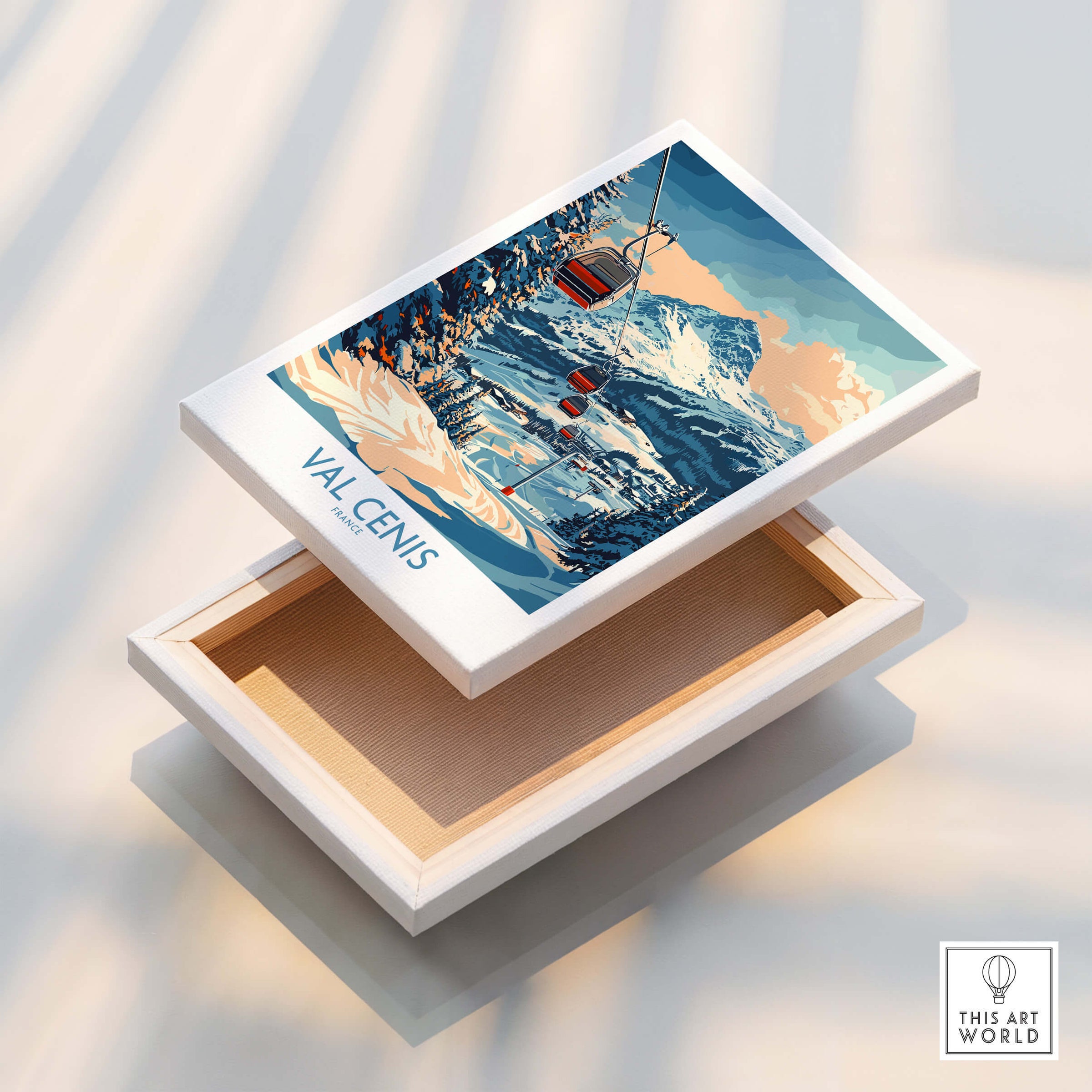 Chic Val Cenis Ski Artwork for Your Home - Ski Poster displayed on a decorative box showcasing ski slopes and chairlift.