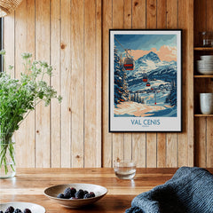 Chic Val Cenis Ski Artwork for Your Home - Ski Poster displayed in a cozy wooden home setting.