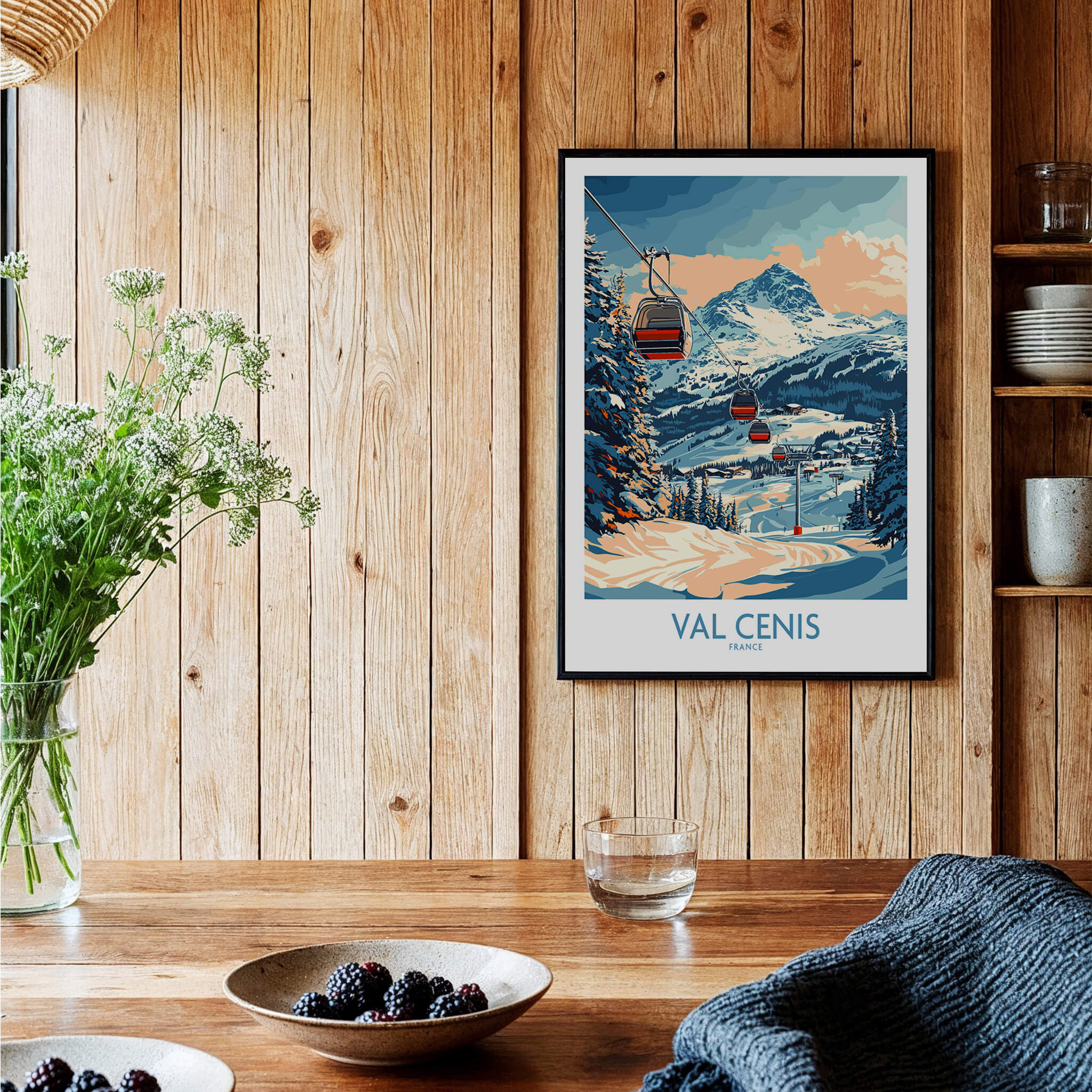 Chic Val Cenis Ski Artwork for Your Home - Ski Poster displayed in a cozy wooden home setting.