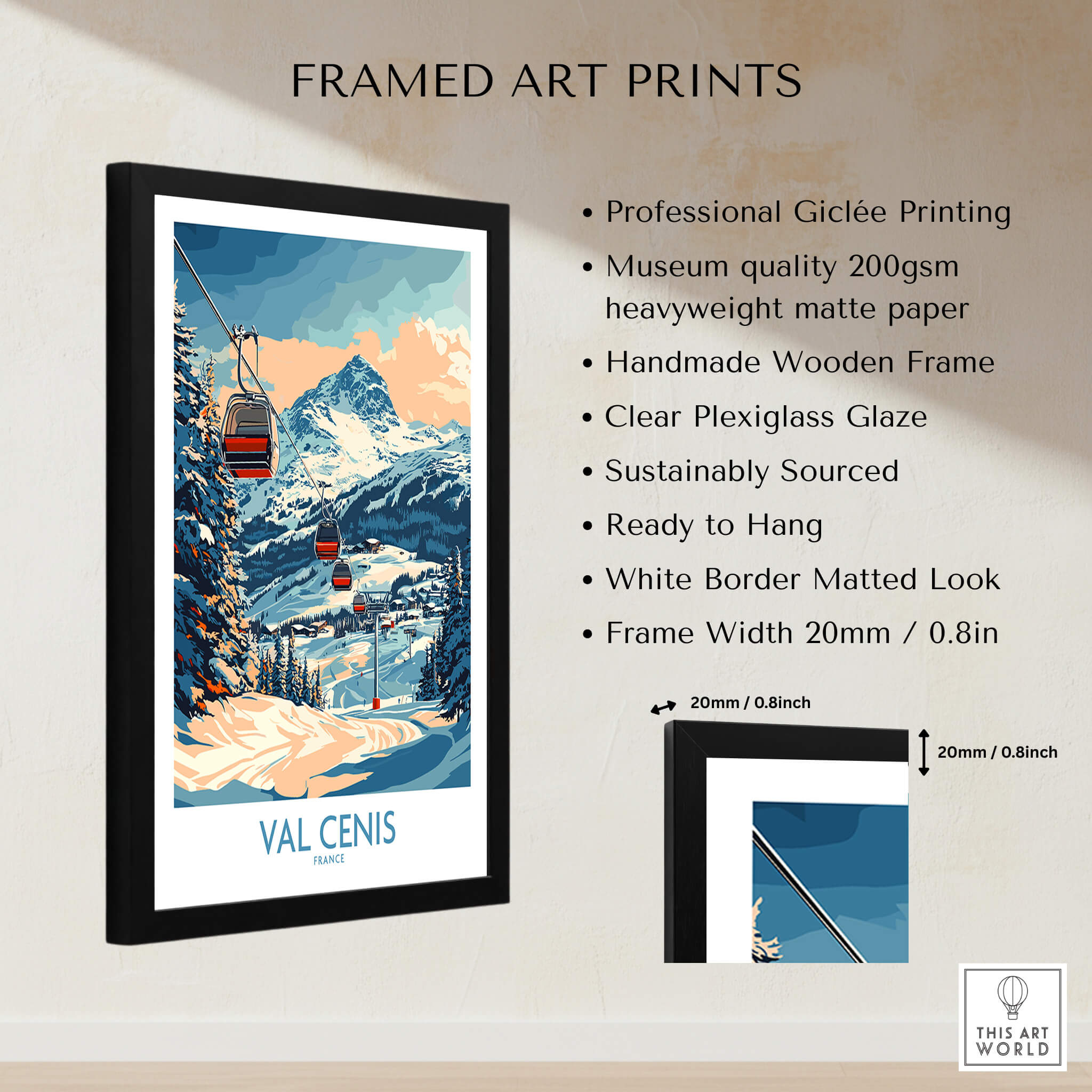 Chic Val Cenis Ski Artwork for Your Home - Ski Poster framed art print featuring mountain scenery and gondola.