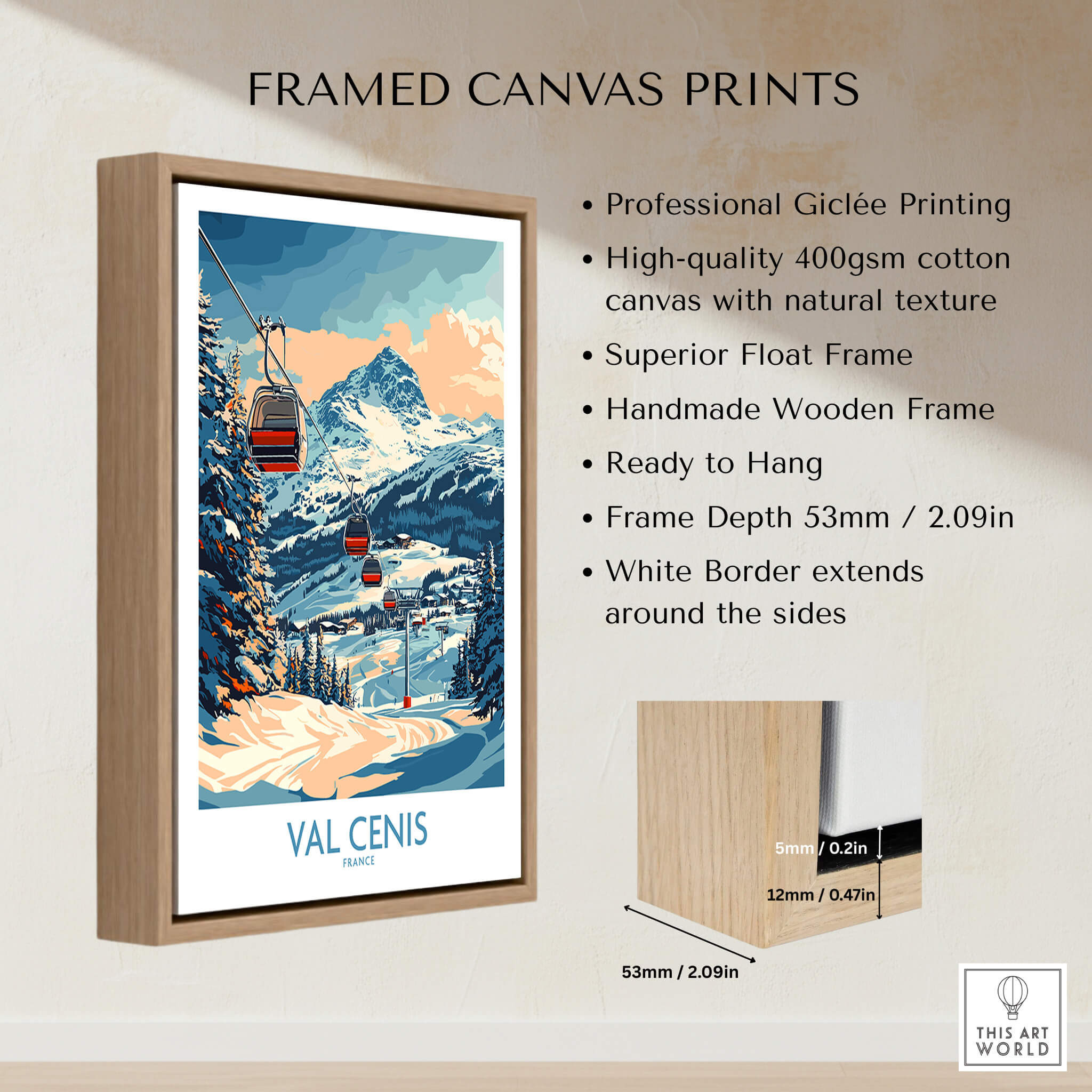 Chic Val Cenis Ski Artwork for Your Home - Ski Poster displayed in a professional wooden frame with white border.