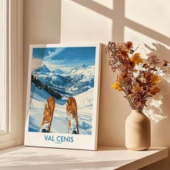 Val Cenis France Poster - Ski Poster showcasing mountains and ski slopes in a sunlit interior.