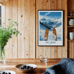 Val Cenis France Poster  - Ski Poster displayed in a cozy room with mountain views and ski gear.