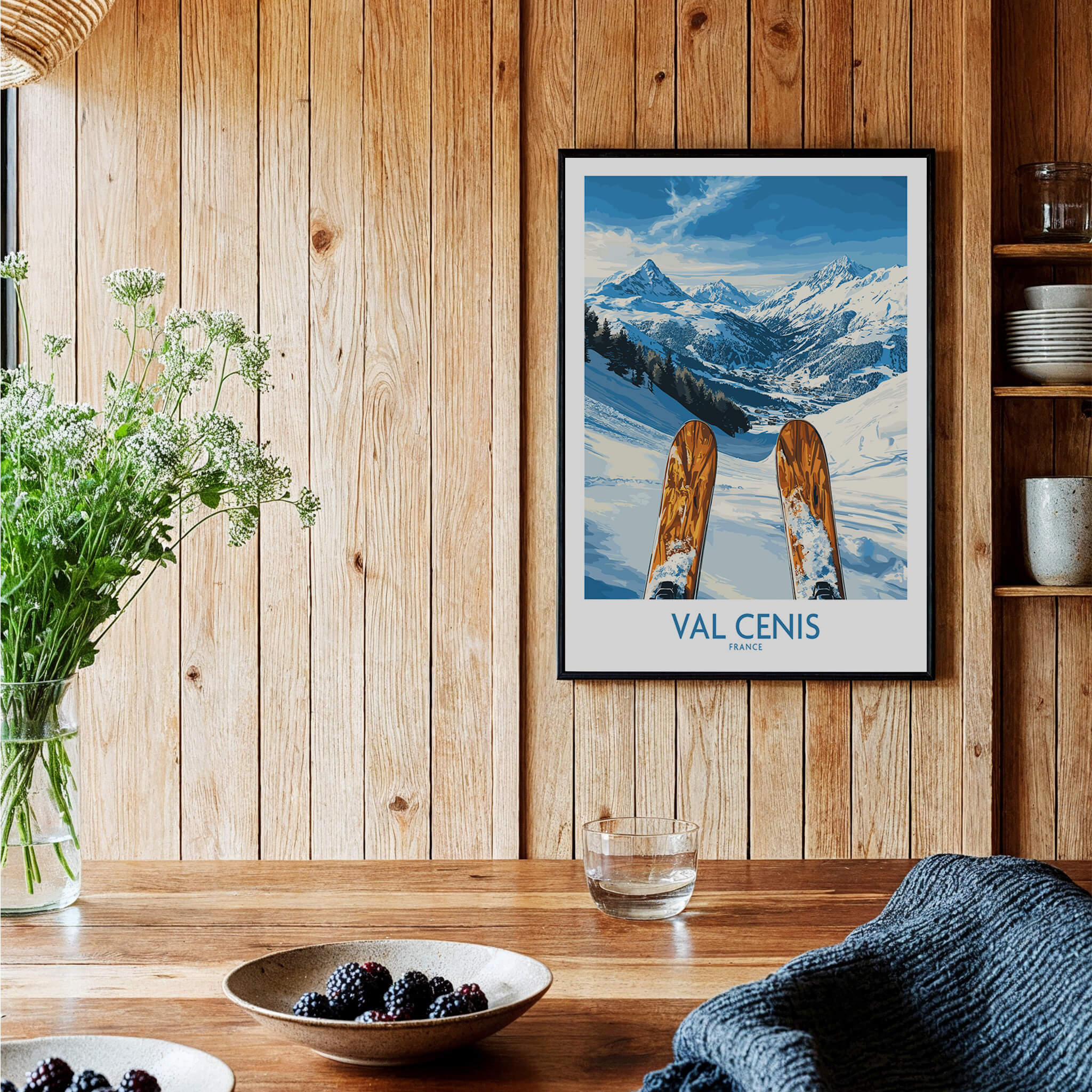 Val Cenis France Poster  - Ski Poster displayed in a cozy room with mountain views and ski gear.
