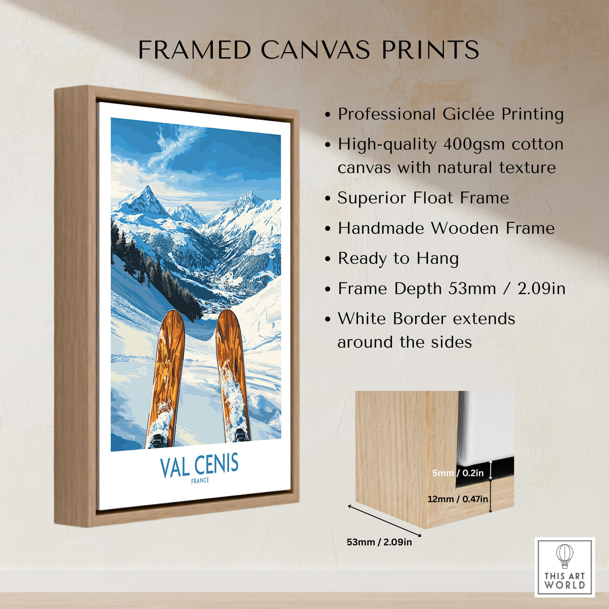 Val Cenis France Poster - Ski Poster displayed in a handmade wooden frame showcasing majestic snowy mountains.