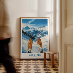 Val Cenis France Poster - Ski Poster displayed in a cozy interior with stunning mountain views.