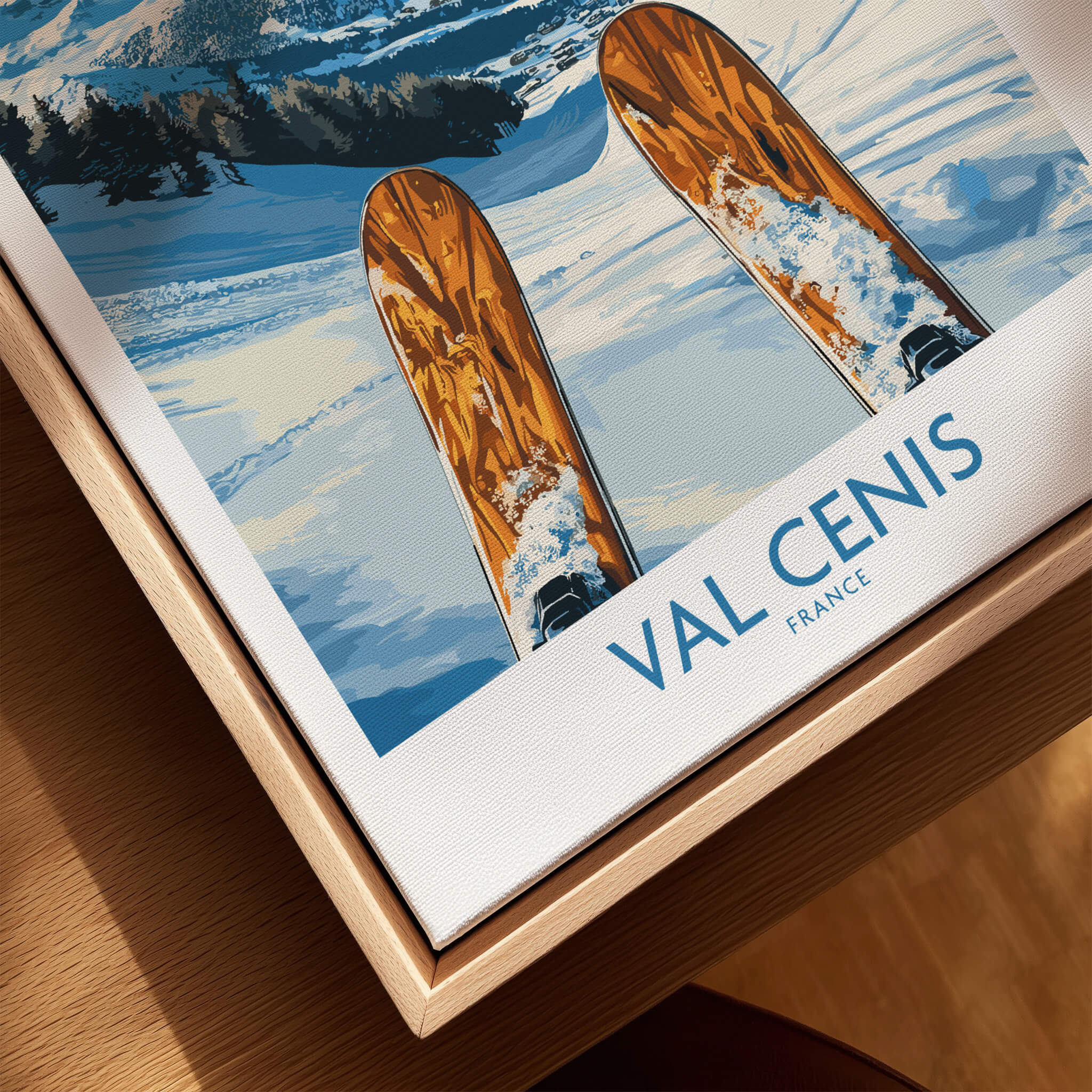 Val Cenis France Poster  - Ski Poster featuring ski tips overlooking snowy slopes and mountains.