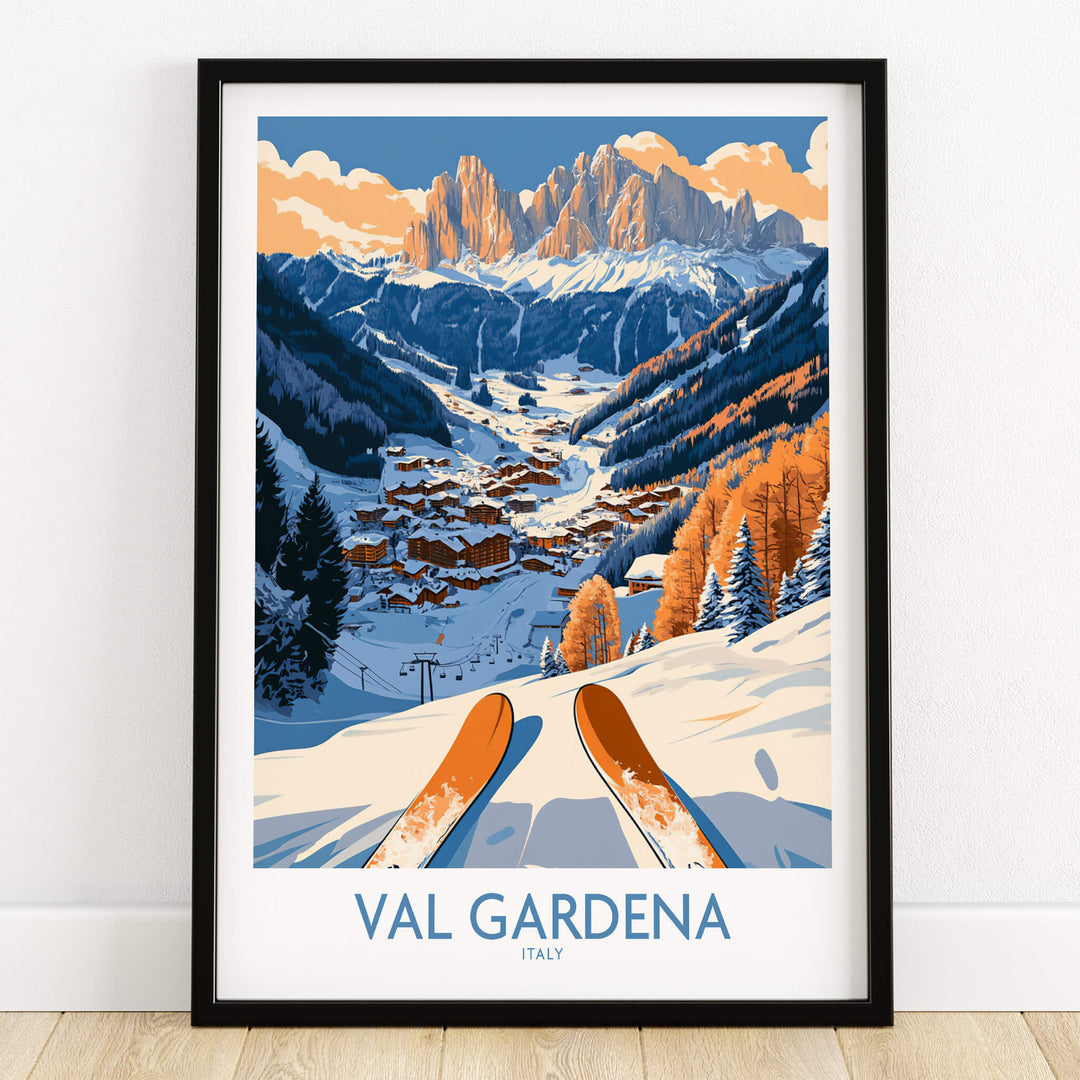 Val Gardena Ski Print -  Italy depicting ski slopes and mountains in a vibrant artistic style.
