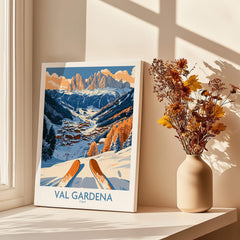 Val Gardena Ski Print - Italy featuring a stunning mountain landscape and ski equipment in a stylish home setting.