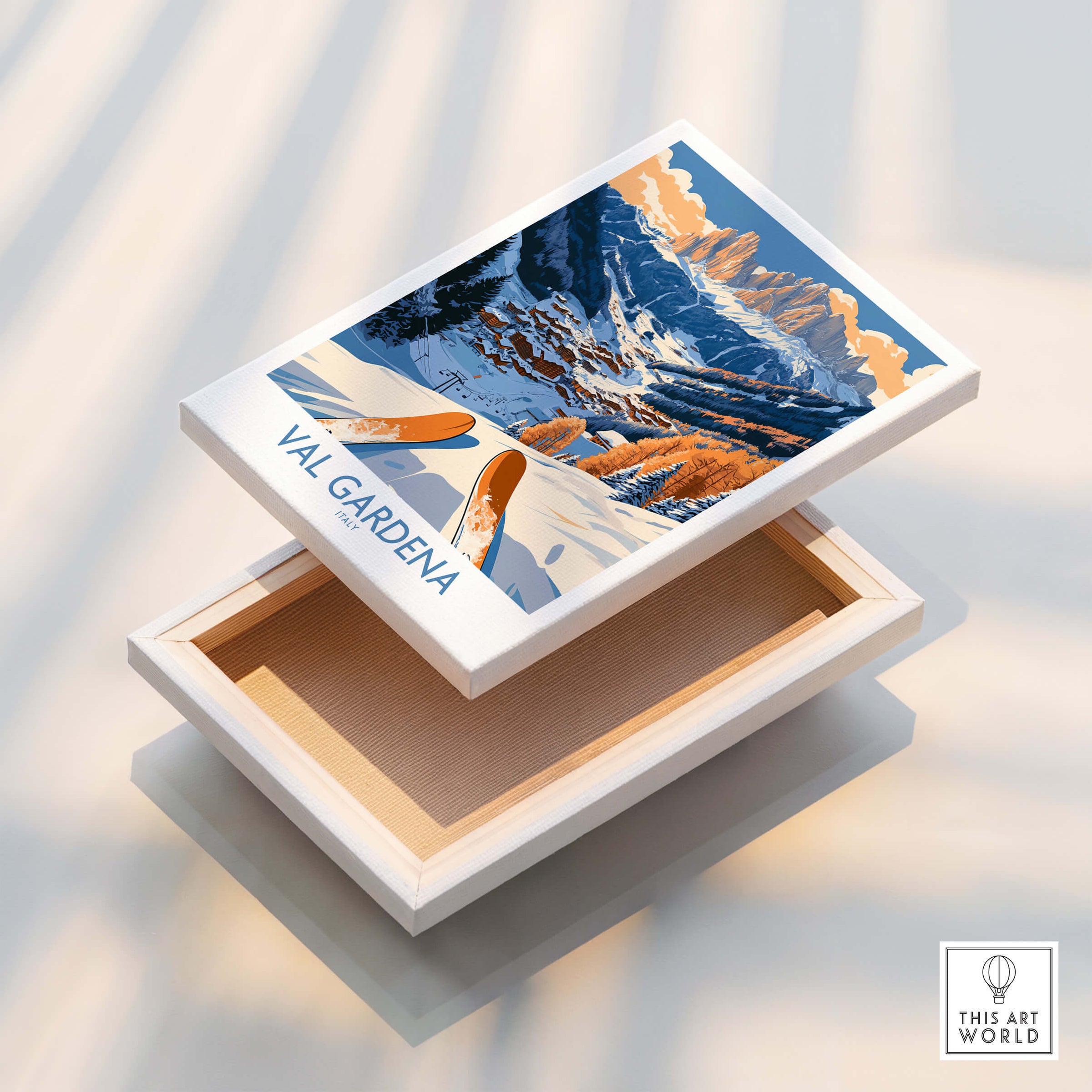 Val Gardena Ski Print -  Italy displayed on a box, showcasing iconic skiing scenery and vibrant colors.
