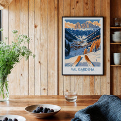 Val Gardena Ski Print - Italy showcased in a cozy interior with wooden decor and a bowl of berries.