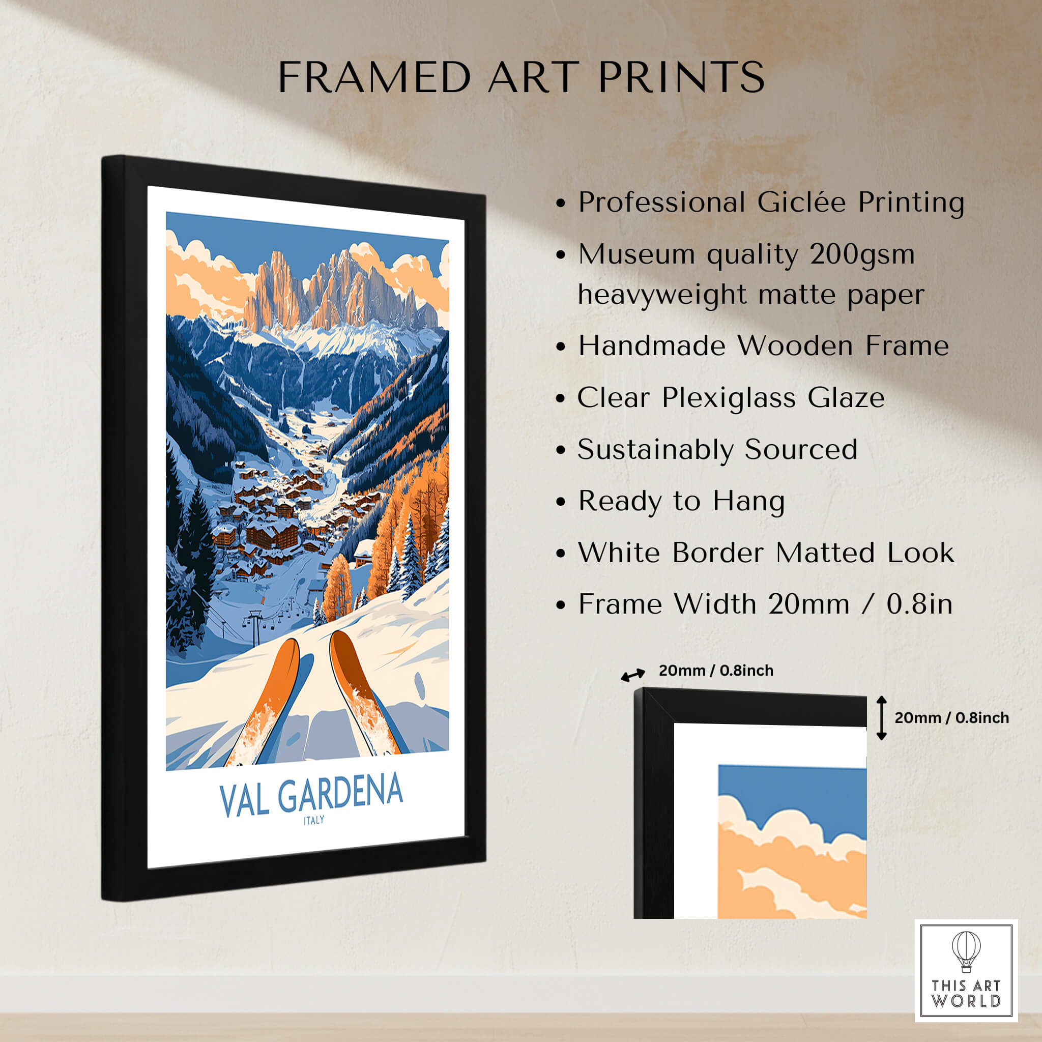 Val Gardena Ski Print - Italy framed art print showcasing stunning mountain scenery and skiing essentials.