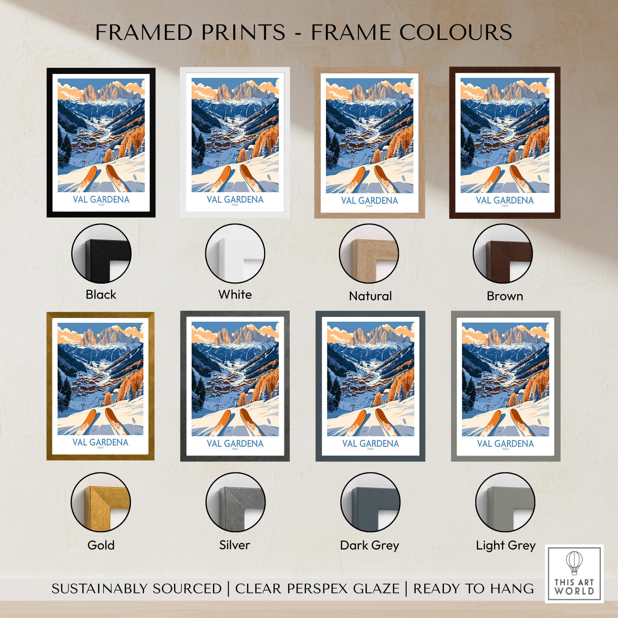 Val Gardena Ski Print - Italy framed print options in various colors for stylish home decor.